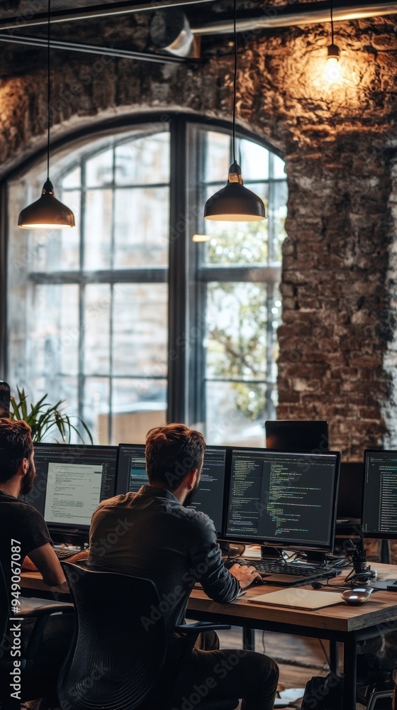 Poster two men sitting at a table with computers on it, ai