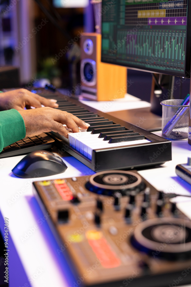 Poster sound designer recording his electronic piano notes in home studio, plays midi controller song and a