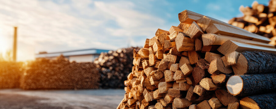 A large pile of neatly stacked firewood in a lumberyard with a soft sunset glow in the background.