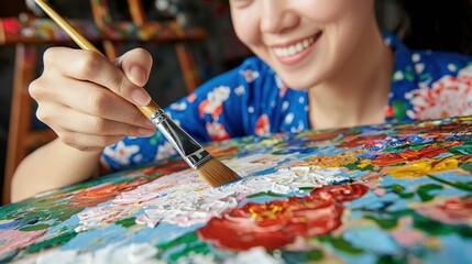 A joyful artist painting vibrant flowers on a canvas with a brush, showcasing creativity and passion in the art studio.