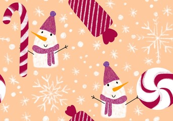 Winter seamless snowman pattern for fabrics and textiles and packaging