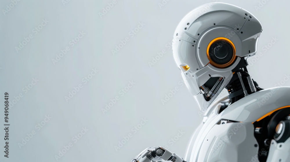 Poster a close-up profile of a futuristic robot with advanced technology, showcasing detailed mechanical co