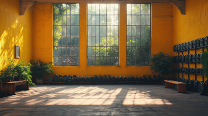 Vintage gym interior with sunlight streaming through large windows, empty space with weightlifting equipment. Rustic fitness room, old-school workout, peaceful atmosphere, classic exercise