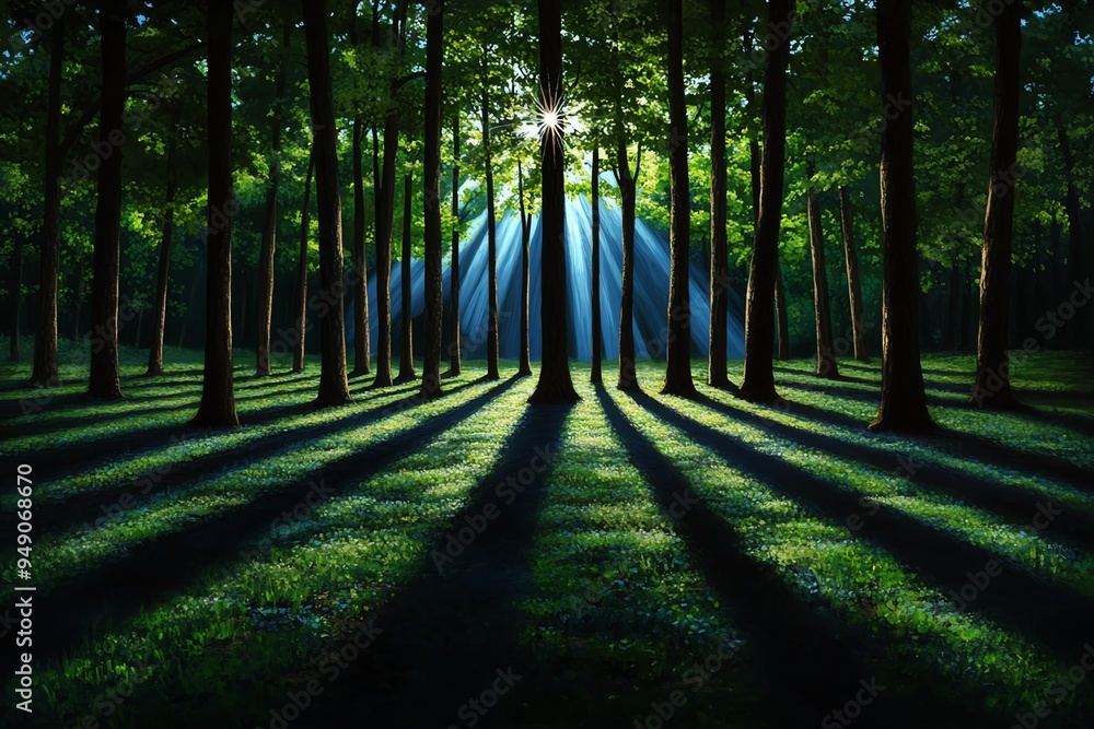 Poster hunting forest at dawn, illustrated with the first light of day casting long shadows through the tre