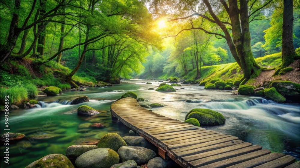 Wall mural serene landscape of a winding river flowing through a vibrant green forest, accompanied by a weather