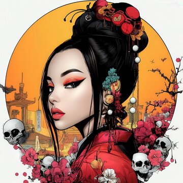 A cartoon-style circular portrait an female ninja  character with exaggerated, dressed in an elaborate and colorful costume. playful expression on face.  pop art, icon, profile, anime, avatar, logo