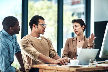 Laptop, office and business people in discussion for planning, teamwork and project ideas....