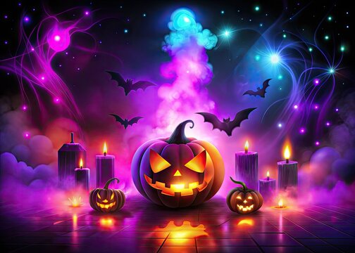 Halloween party vector elements in a spooky neon glow with dark mystical shadows and eerie fog concepts for a futuristic mysterious style and black purple orange color scheme