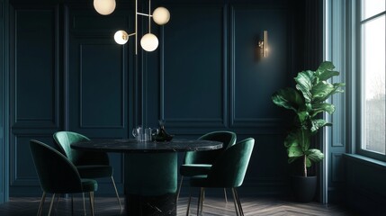A modern, minimalist living room with a green plant and a black marble table