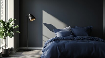 A bedroom with a large bed and a black lamp