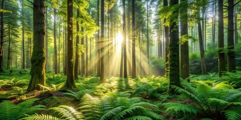 Lush green forest with tall trees, ferns, and sunlight filtering through the leaves, greenery, forest, landscape, trees