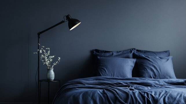A bedroom with a black bed and blue sheets