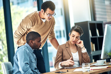 Help, office and man with business people on tablet in discussion for planning, teamwork and...