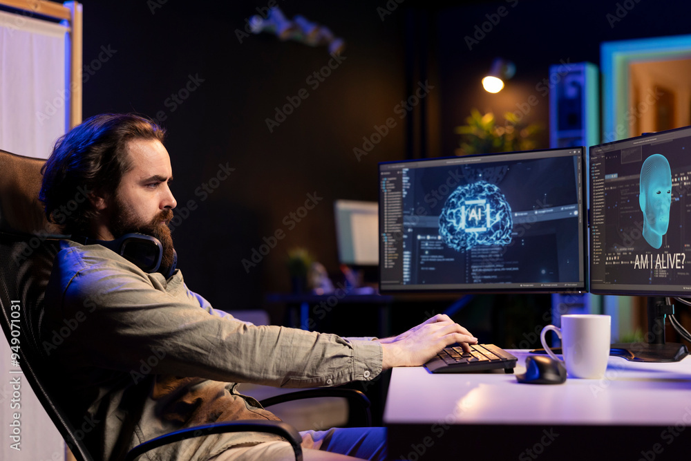 Poster programmer getting interrupted during work by ai becoming sentient, asking questions about itself. a