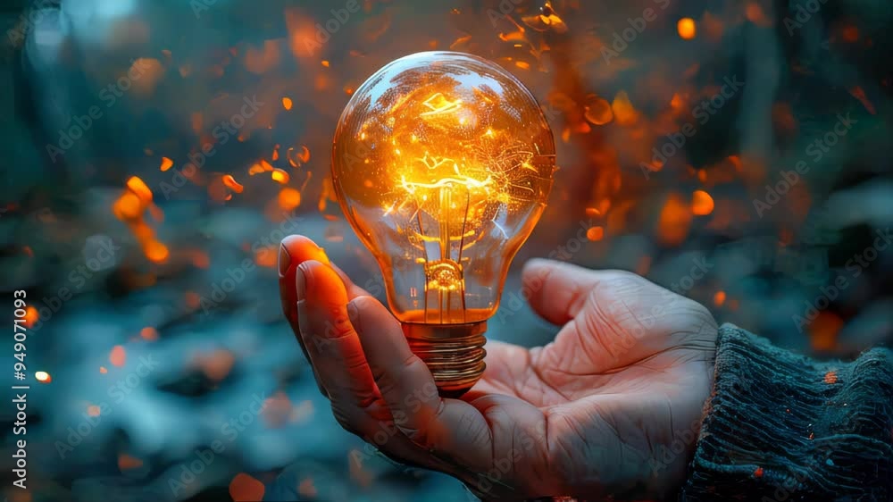 Poster conceptual image with lightbulb with moving gears as a symbol of an idea on dark background