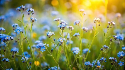 Fototapeta premium Delicate forget me not flowers surrounded by scorpion grasses in a meadow, wildflowers, blue, purple, petals, nature, spring