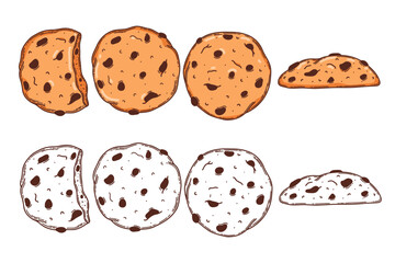 Oat cookie, bitten, whole vector coloring page for coloring book. Bake sweet dessert product for breakfast or lunch, hand drawn sketch