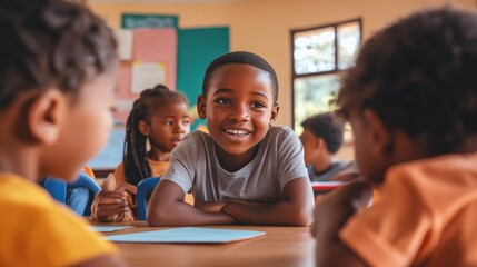 A group of children sitting at a table in front of an adult, AI