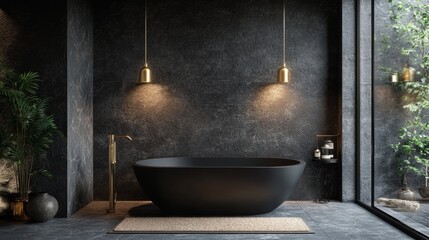 A black bathtub with gold fixtures and a plant in the corner