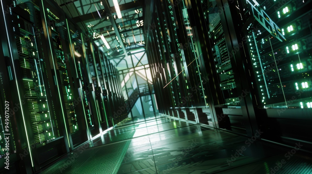 Poster modern data center with rows of active servers blinking green lights