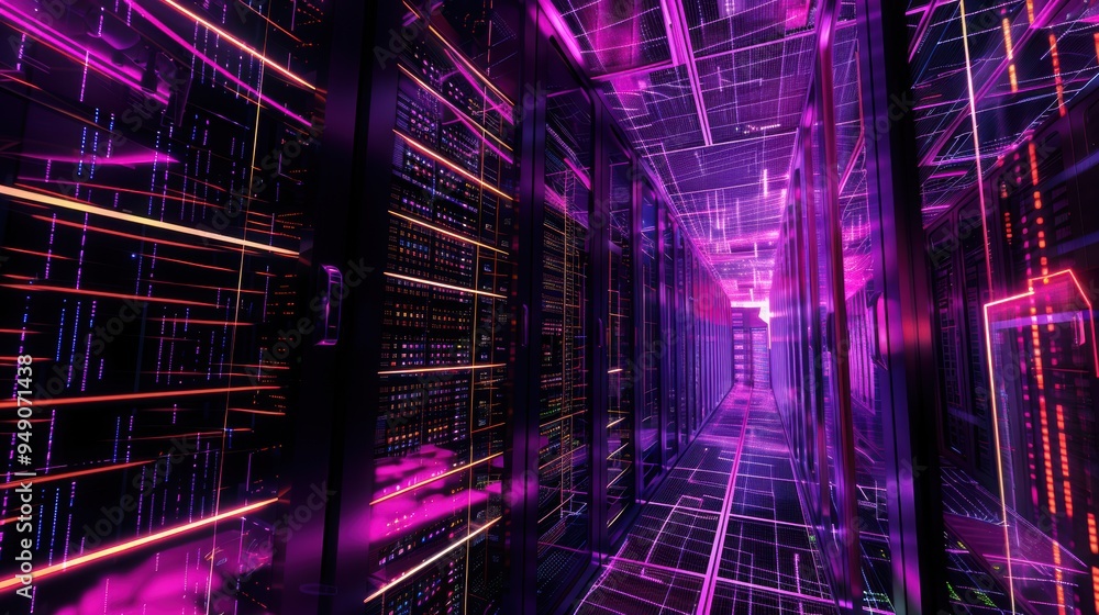 Poster data flowing through servers in futuristic data center with purple lights