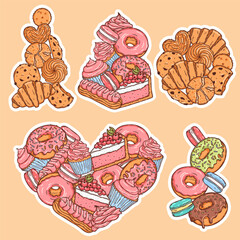 Pastry sweet vector stickers collection. Cupcake, macaron, cream topping, cookies and donut, fruit and chocolate  confectionery set