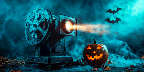 Film projector with Halloween pumpkin, horror movie screening event, wide banner