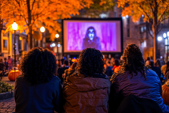 Friends watching a Halloween horror film, outdoor projection screen movie party