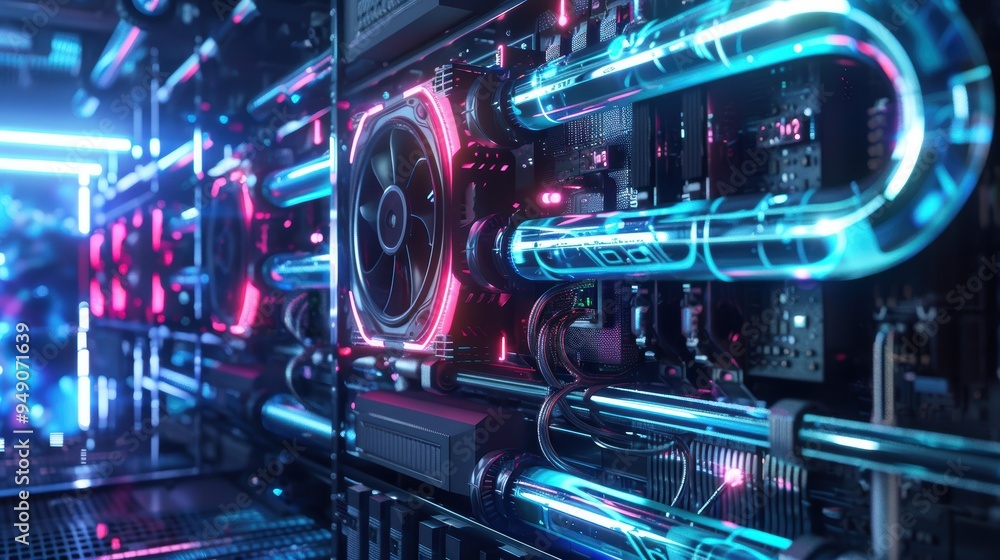 Poster powerful computer is running with neon lights cooling system