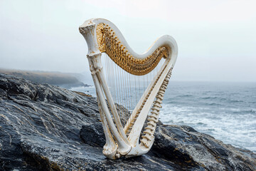 Harp made of bone on rocky ocean cliff, singing bone folklore fairy tale, the two sisters folk song murder ballad
