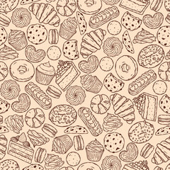 Vector backery and confectionery seamless pattern template. Hand drawn donut, cookie, cupcake, cheesecake, macaroon, line art 