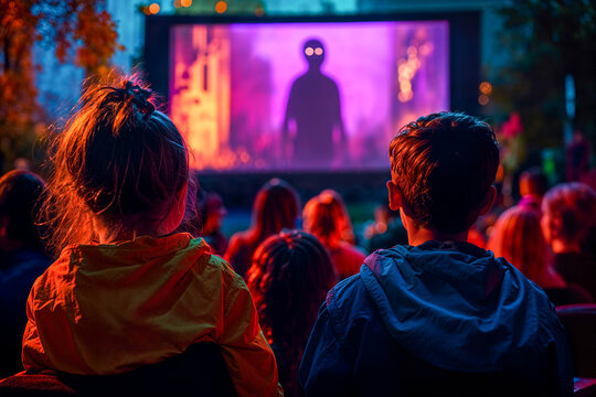 Kids watching a Halloween horror film, outdoor projection screen movie party