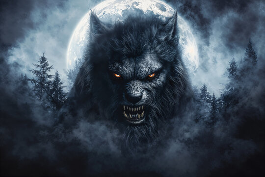 Werewolf with full moon in the forest, night