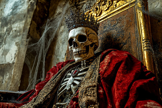 Skeleton king on a throne, crown and red robes, dead royalty