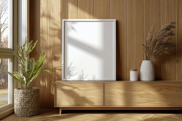 Poster Frame Mockup on Wooden Interior Background created with Generative AI