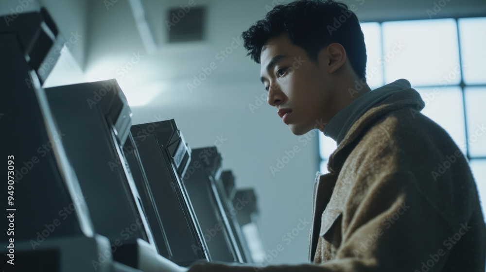 Poster a man in a brown jacket looking at the screen of an electronic voting machine, ai