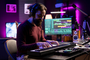 Musician playing electronic keyboard piano in his home studio, using daw software on pc and his mixing console to produce tracks. Young artist plays midi controller synthesizer, music industry.