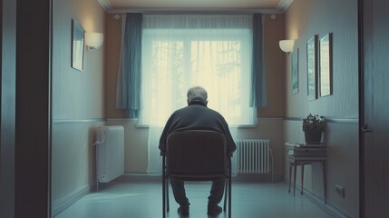 An elderly gentleman sits quietly in a chair, staring out of a window in a nursing home, highlighting the theme of solitude. Generative AI