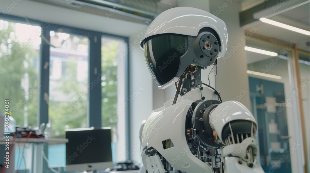 Poster humanoid robot being developed by engineers in a modern laboratory