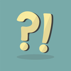 Cute cartoon thick style yellow question mark and exclamation mark signs with drop shadow on trendy teal background poster