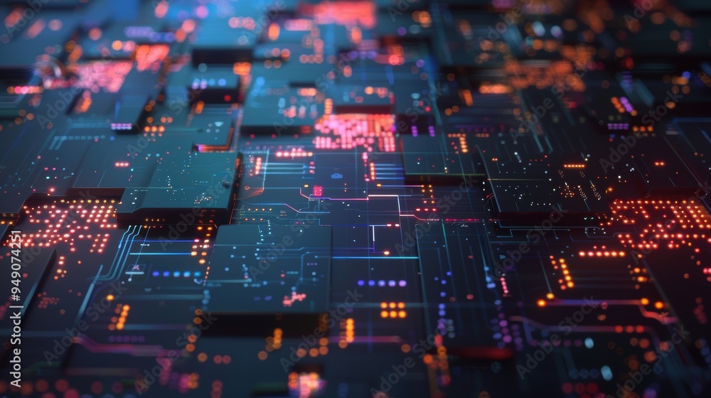 Poster futuristic circuit board glowing with data transferring through integrated circuits
