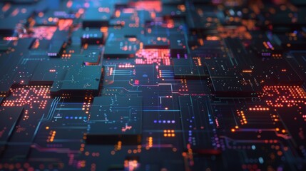 Futuristic circuit board glowing with data transferring through integrated circuits