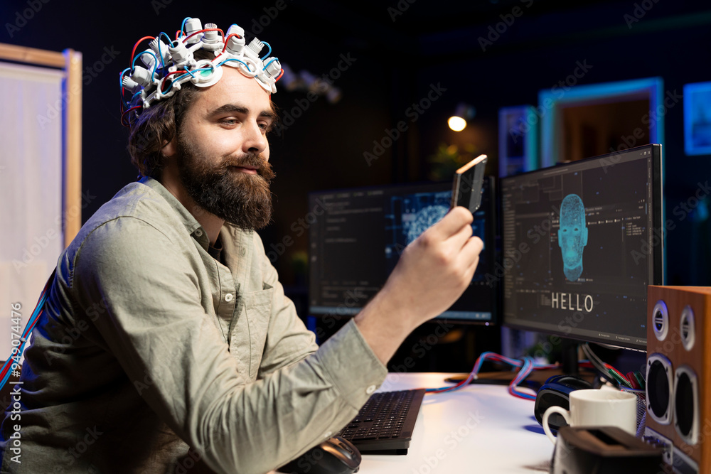 Poster smiling programmer wearing eeg headset holding disk containing software turning ai sentient, satisfi
