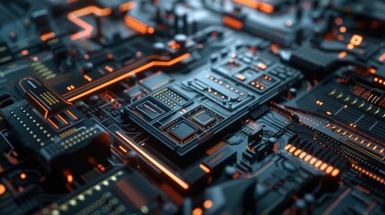 Modern cpu performing complex calculations with orange lights