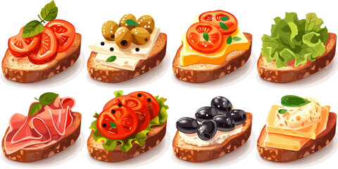 Illustration of a set of different sandwiches with cheese, olives and tomato