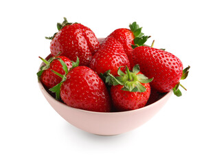 Bowl with sweet fresh strawberries on white background