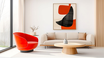 Furniture modern interior living room with artistic wall art and stylish decor featuring vibrant colors and clean lines