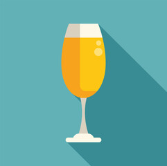 Glass of sparkling wine, champagne or alcohol drink icon in flat design with long shadow on blue background