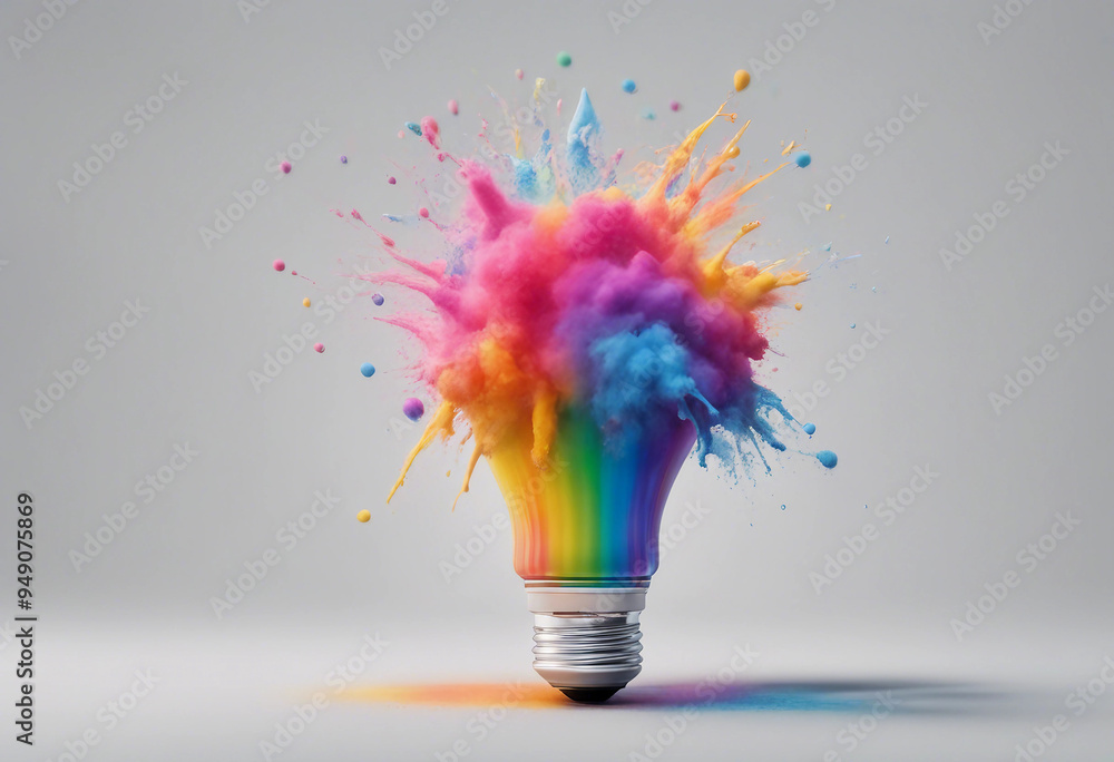 Aufkleber 3d light bulb explodes liquid rounded style splash with rainbow pride color powder isolate on transp