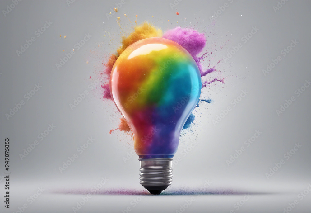 Poster 3d light bulb explodes liquid rounded style splash with rainbow pride color powder isolate on transp